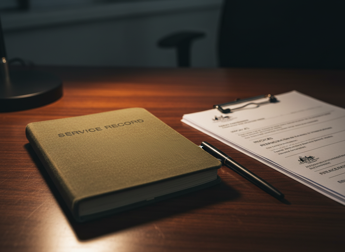 A close-up, photographic image of a well-used, olive-green service notebook resting on a smooth, dark wooden desk, its cover subtly embossed with “Service Record” in plain text. Beside it lies a clipped stack of allied health invoices and referral forms with small Australian government crests visible, carefully arranged but not dominating the frame. A fine-point pen is placed parallel to the papers, symbolising readiness for action. Warm desk-lamp light from the upper left creates a focused pool of illumination, leaving the rest of the room in soft shadow. Shot from a low, almost desk-level angle with shallow depth of field, the notebook’s textured cover is razor sharp while the background fades into a calm blur, suggesting quiet resolve and professional advocacy.