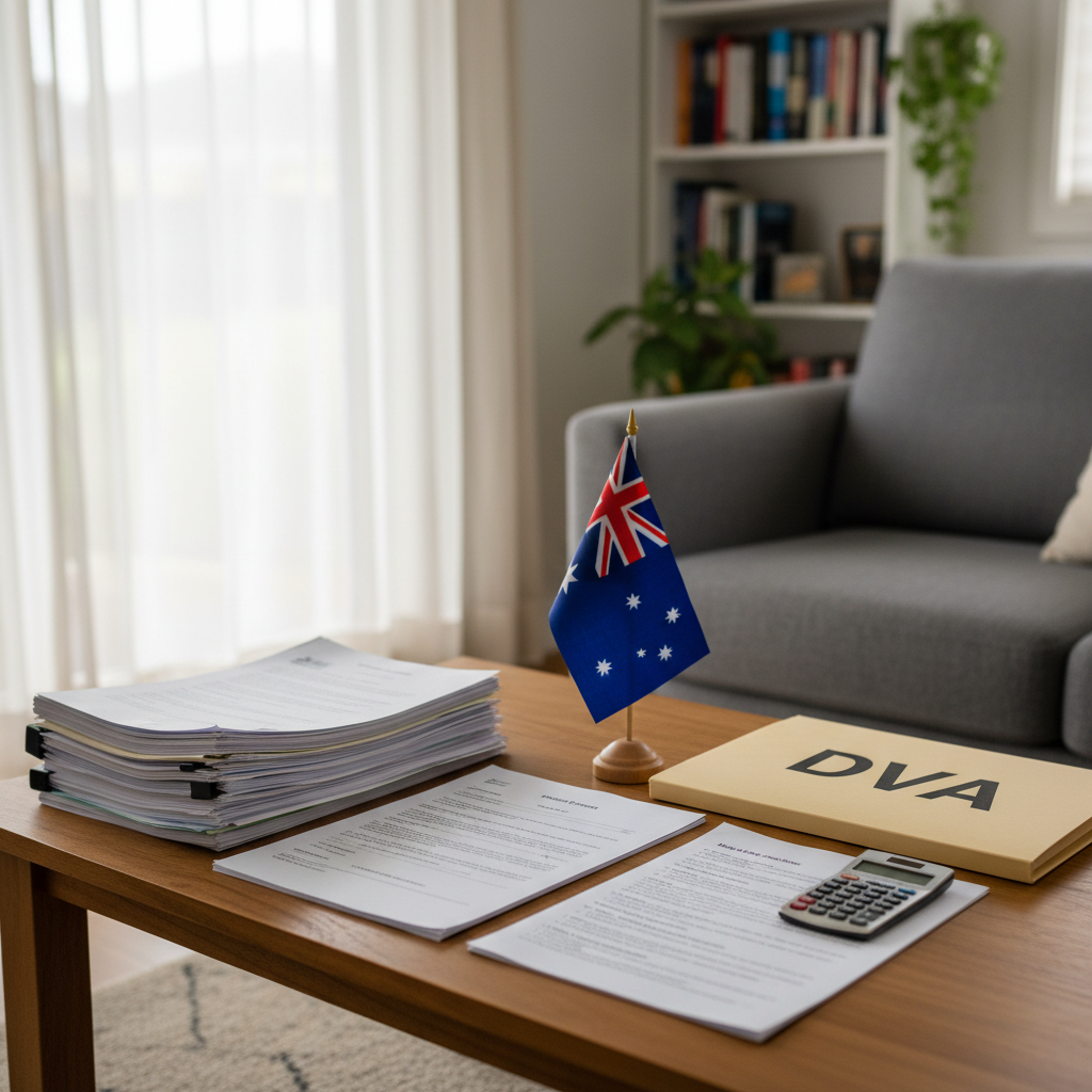 A tidy suburban Australian living room with a modest wooden coffee table covered in neatly stacked medical reports, allied health treatment plans, and a calculator, all arranged with quiet order. A small Australian flag stands in a simple holder at the back of the table beside a closed folder labeled "DVA" without any logos. Diffused overcast daylight filters through sheer curtains, giving soft, even lighting that minimizes harsh shadows. Captured from a slightly elevated angle with a balanced, rule-of-thirds composition, the foreground papers are in sharp focus while the background sofa and bookshelf fall into a gentle blur. The mood is reflective and determined, reinforcing a professional, advocacy-focused campaign in photographic realism.
